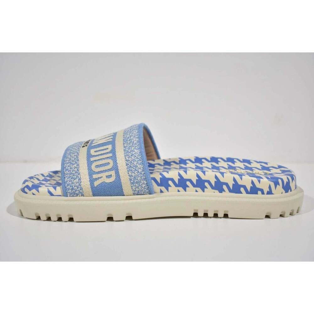 Christian Dior Dway Blue White Logo Houndstooth Slide Mule Flat Flop Sandal 37.5 - Picture 9 of 12